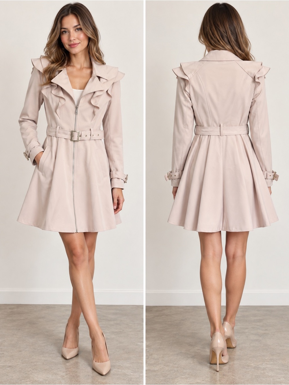 BEBE Blush Pink Ruffle Belted Trench Coat Small Y2K